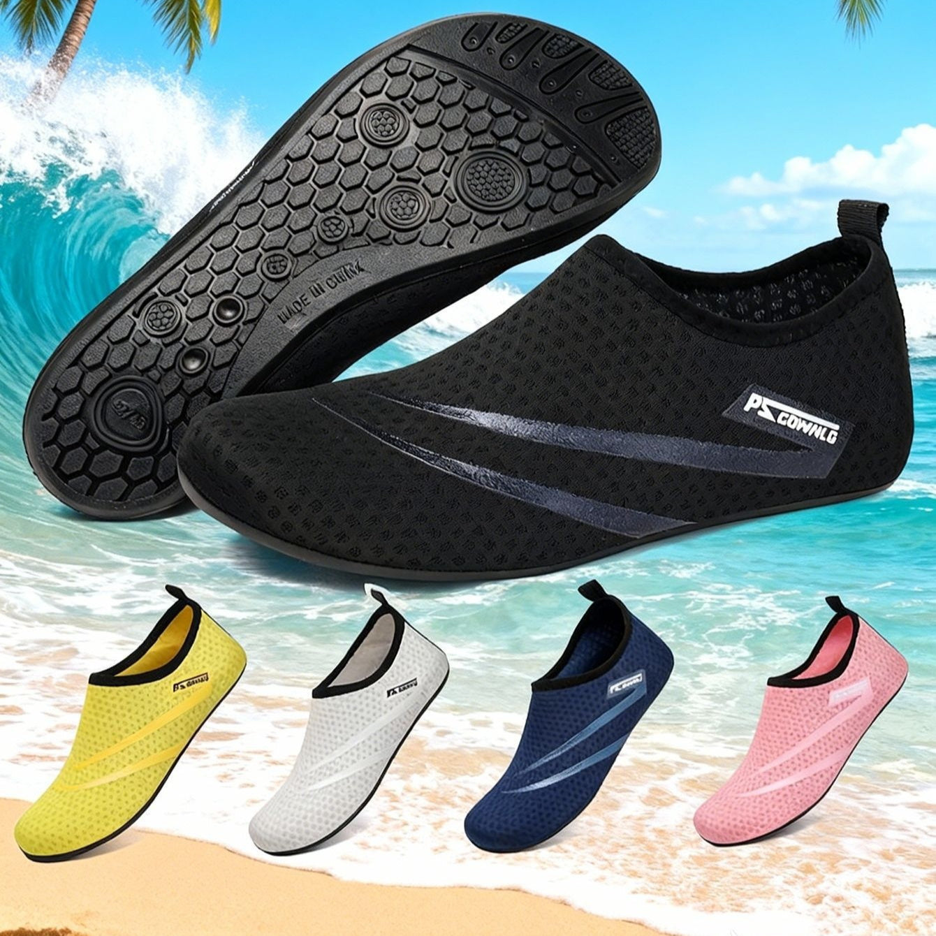 Black water shoes with a beach and ocean background