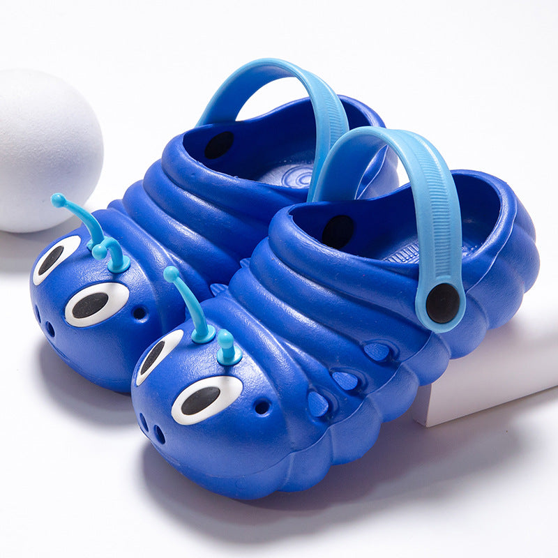 Blue caterpillar-shaped shoes on a white background