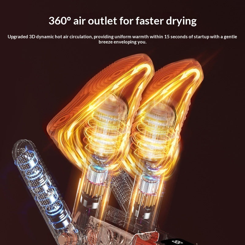 Shoe dryer with 360-degree air outlet on a dark background