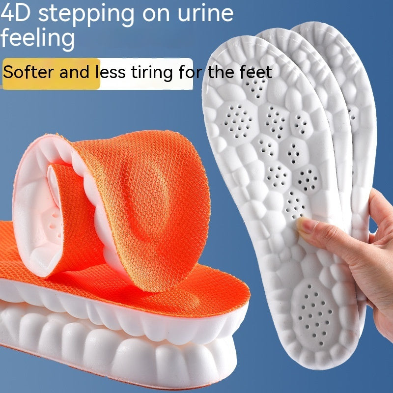 Orange and white shoe insoles with a hand holding one, on a blue background.