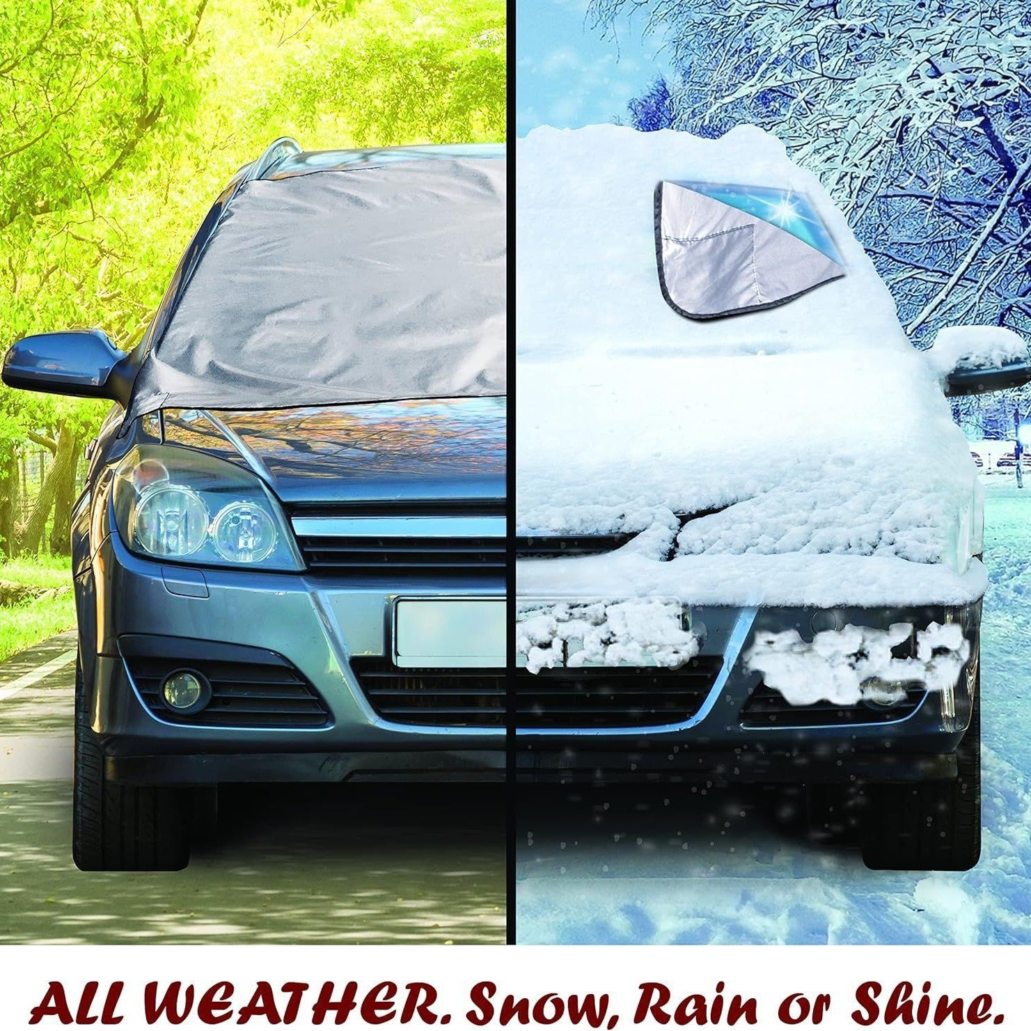 Car windshield with and without a cover in different weather conditions.