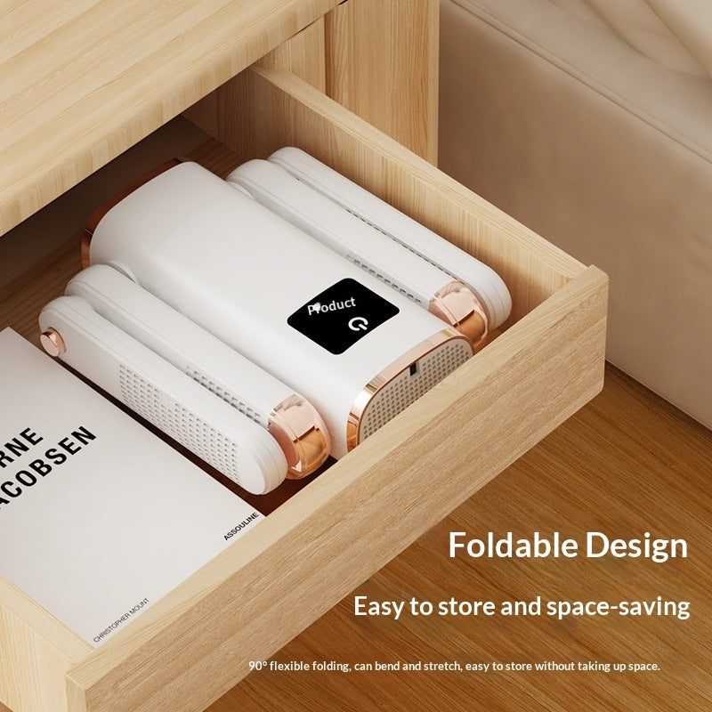Foldable design product in a wooden drawer with text highlighting its features.