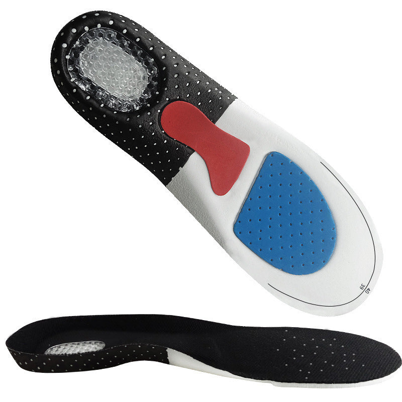Shoe insole with black, white, red, and blue design on a white background