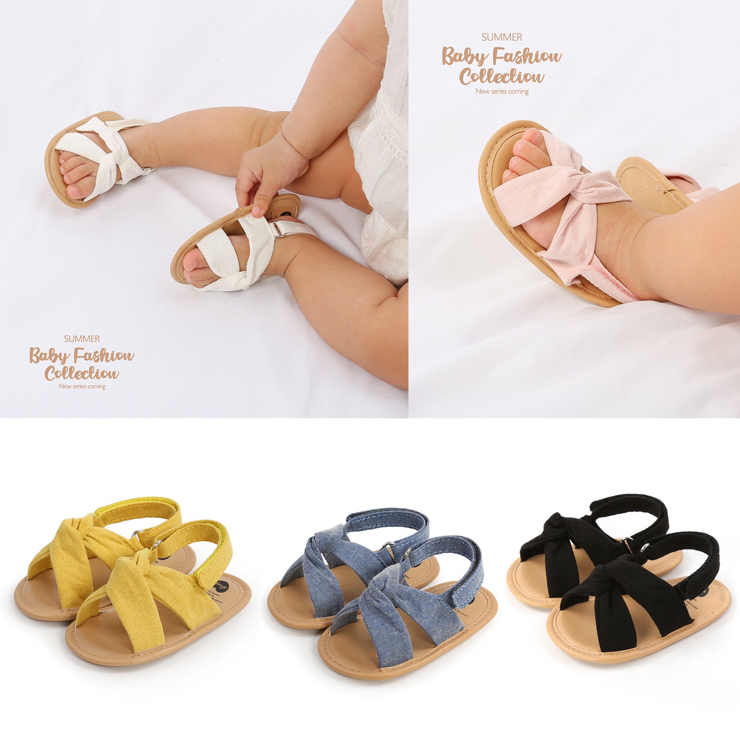 Baby sandals in various colors with 'Summer Baby Fashion Collection' text.