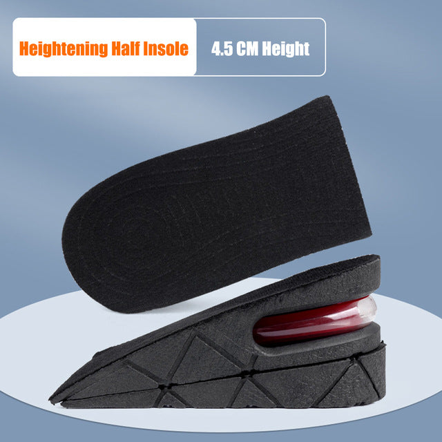 Black heightening half insole with red interior on a blue background