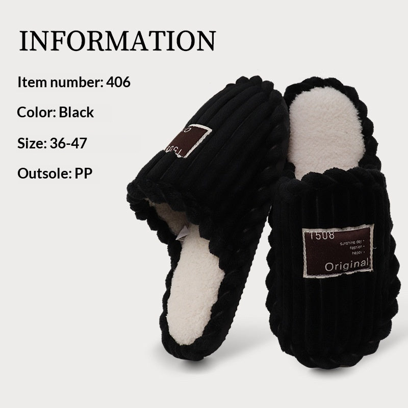 Black slippers with white lining on a light gray background, featuring product information text.