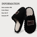 Black slippers with white lining on a light gray background, featuring product information text.