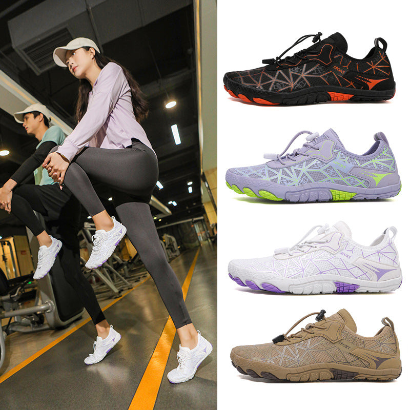 People exercising in a gym with a focus on different types of athletic shoes.