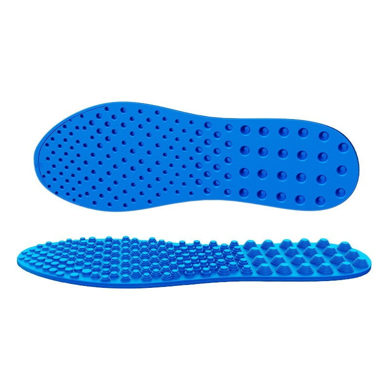 Two blue shoe inserts with textured surface on a white background