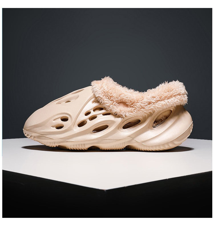 Beige sneaker with fluffy texture on a black background