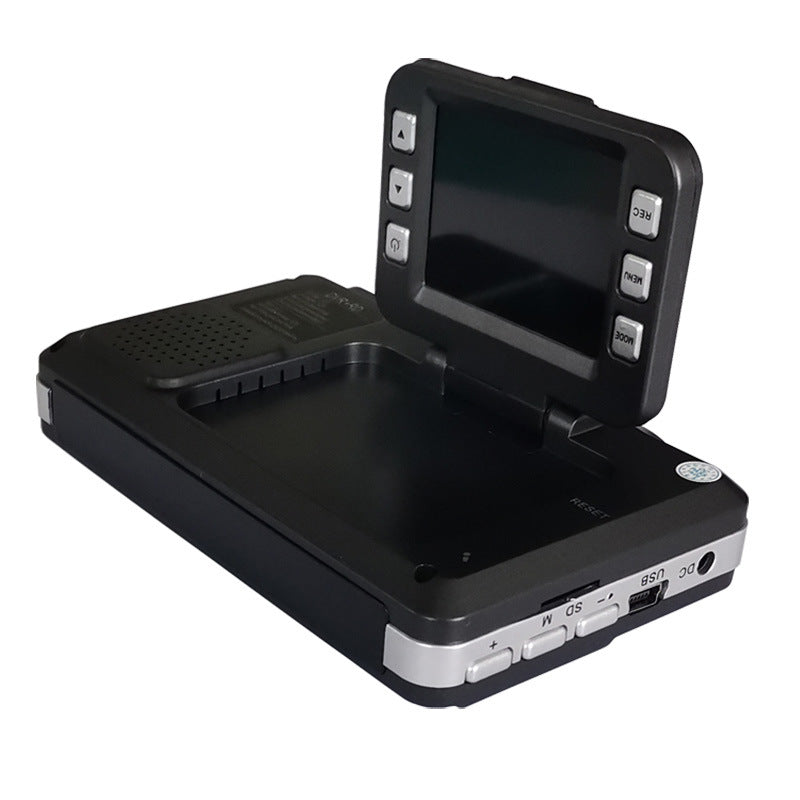 Black electronic device with a screen and control buttons on a white background