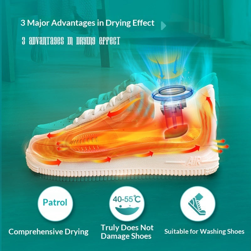 Shoe dryer with drying effect illustration on a teal background