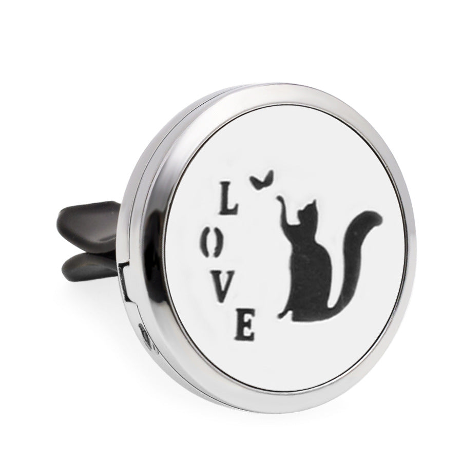 Round metallic car air freshener with a black cat and 'LOVE' design on a white background