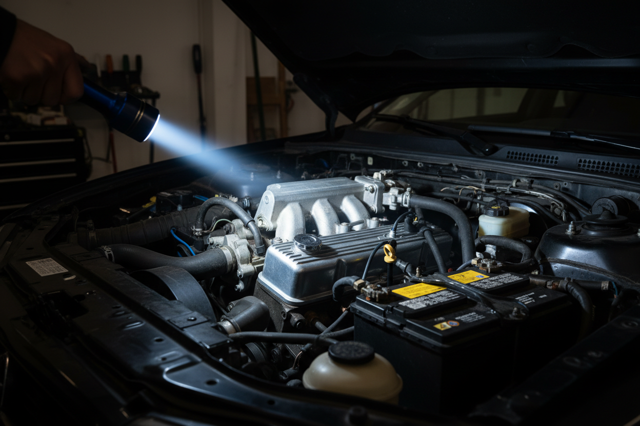 flashlight under a car hood